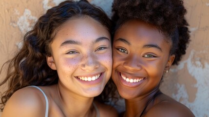 Wall Mural - Two young girls with radiant smiles one with light skin and the other with dark skin sharing a joyful moment against a textured wall.