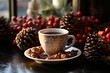 Coffee and Pine Cones with Festive Berries
