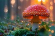 © DachAI - A vibrant red mushroom stands out in a magical forest setting, adorned with dew drops and soft light for a fairy tale atmosphere