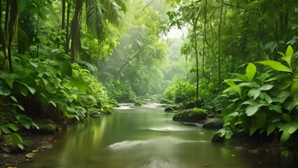 Canvas Print - A pristine stream cuts through a dense, lush green forest, creating a captivating scene of natures beauty, Wild river coursing through an exotic rainforest