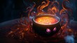 A cauldron boils with a bright orange bubbling liquid. The cauldron has two eyes and tentacles and the liquid is bubbling over.