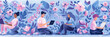 Three individuals engrossed in laptops amidst a vibrant floral backdrop