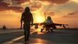 airforce fighter jet pilot near walking towards sunset. Top gun concept ,