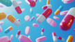 colorful pills and capsules flying on a blue background. 