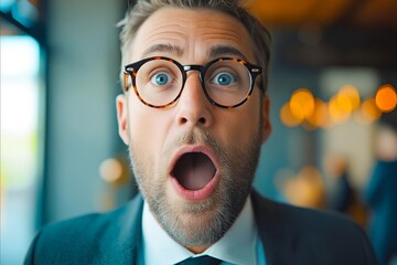 Poster - A man with glasses is looking surprised. He has a beard and is wearing a suit. The image has a serious and professional mood