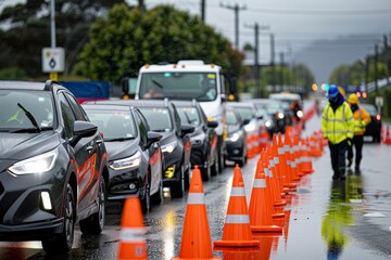 Wall Mural - Dedicated worker ensures safe roadworks on busy city streets for effective traffic control