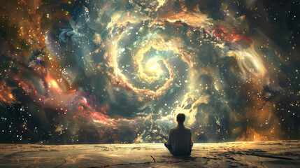 Wall Mural - a person sits against a backdrop of a galaxy teeming with twinkling stars in the vast darkness of sp