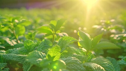 Canvas Print - A vibrant field filled with green leaves, illuminated by the warm rays of the sun, A field full of fresh mint leaves under the morning sun