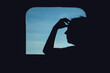 Silhouette of adult female by the train window, worried woman traveling by train