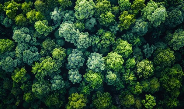 Aerial top view of green trees in forest. Drone view of dense green tree captures CO2. Green tree nature background for carbon neutrality and net zero, Generative AI