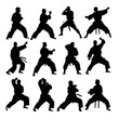 collection of martial arts silhouettes demonstrating dynamic and powerful poses