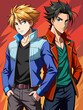 2 male anime character, short-haired with jacket and jean and straight haired with tshirt and jean are standing back to back