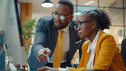 Wall Mural - two african american young people man and woman software engineers conding at desk with computer in 