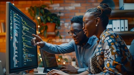Wall Mural - man and woman african american software developers collaborating at workplace conding at computer in