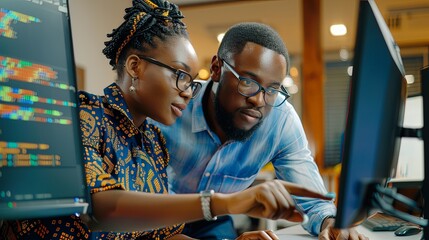 Wall Mural - two software testers african american young man and woman working in office with computer coding and