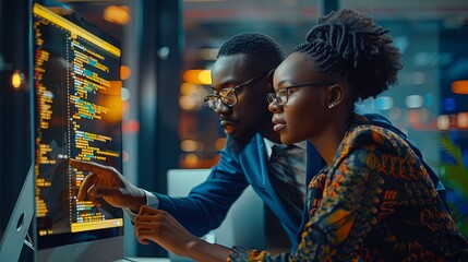 Wall Mural - two software testers african american young man and woman working in office with computer coding and
