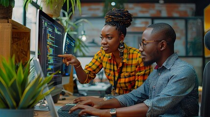 Wall Mural - two black man and woman software engineers in office collaborating in software development writing c