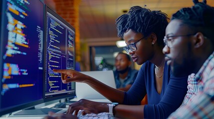 Wall Mural - two african american young people man and woman software engineers conding at desk with computer in 
