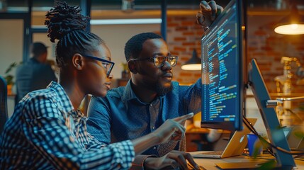 Wall Mural - computer programmer software development engineer team of two african american young people man and 