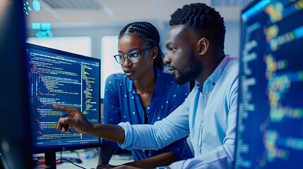 Wall Mural - two african american young people man and woman software engineers conding at desk with computer in 