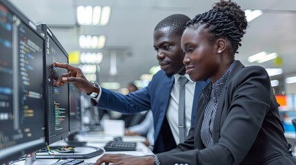 Wall Mural - computer programmer software development engineer team of two african american young people man and 