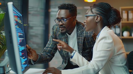 Wall Mural - black man and woman software developers working together writing code in office on computer sitting 