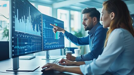 Wall Mural - Man and woman team working together in office dressed in suit looking at computer graph data analysis poiting finger