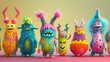 Colorful monsters characters against plain background