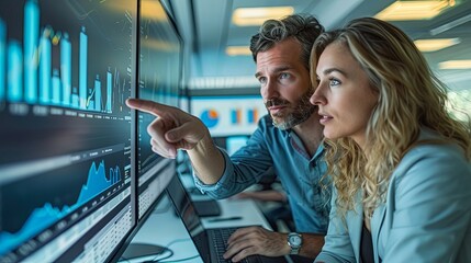 Wall Mural - Two people at job in office working together caucasian  man and woman dressed in suit sitting at desk with computer graph chart on monitor