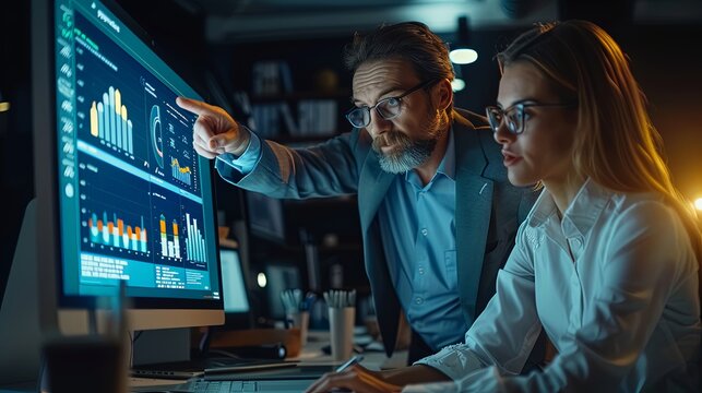 Portrait of two white coworkers man and woman in office talking and collaborating working together at desk with computer looking at data chart graph