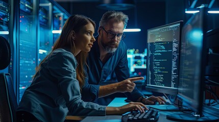 Wall Mural - two caucasian white software engineers man and woman working together in web development writing cod