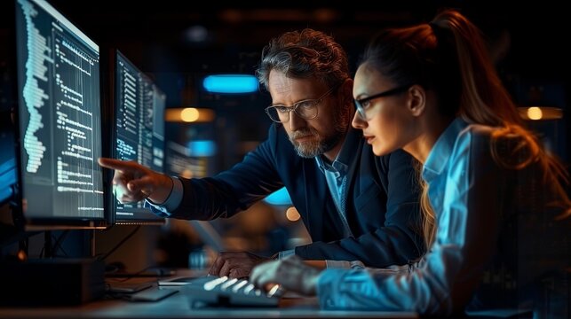 Closeup portarit of two white computer software engineers working in web development program writing code looking at screen