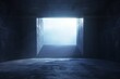 Mysterious Blue Light at Dark Concrete Corridor End
