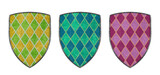 Fototapeta Tęcza - Old decorated colorful metal shields isolated on white background