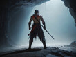 A man standing in a cave with a sword