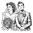 vintage bride and groom, elegantly dressed, exuding timeless wedding day joy sketch engraving generative ai fictional character raster illustration. Scratch board imitation. Black and white image.