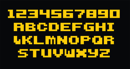 Poster - Pixel game font. Arcade alphabet symbols, retro console text elements, 80s type letters. Vector computer and video game comic letter set. Illustration of game alphabet pixel