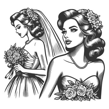 happy bride in two poses, showcasing her gown and classic hairstyle sketch engraving generative ai fictional character raster illustration. Scratch board imitation. Black and white image.