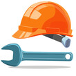 set of mechanic’s tools neatly arranged on a white background, including a hard hat, wrench, and flashlight