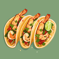 Shrimp tacos with lime and parsley. Vector illustration in flat style