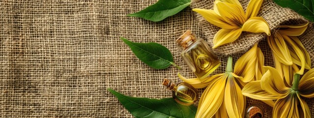 ylang-ylang essential oil on burlap background. selective focus