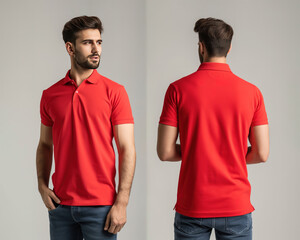 Front and back views of a man wearing a red polo shirt mockup template