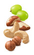 Cashew, hazelnut, brazil nuts and green grapes isolated on white background. Vertical layout