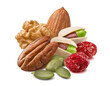 Pumpkin seeds, pecan, walnut, pistachio and almond nuts, dried cranberry isolated on white background. Omega 3 mix