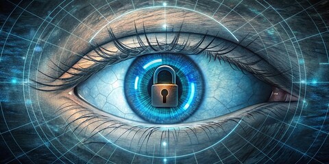 Wall Mural - Network security illustration with a lock and the guarding eye on the internet