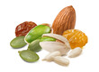 Peeled sunflower and pumpkin seeds, raisins, almonds and pistachio nuts isolated on white background