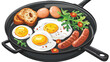 Frying pan with fried quail eggs sausages bread