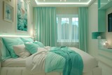 Fototapeta  - Beautiful mint green turquoise modern cozy bedroom view from the entrance