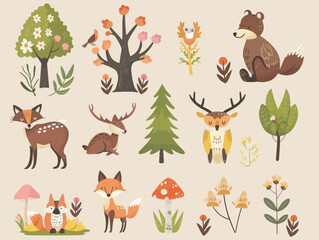 Wall Mural - a set of cute woodland animals and trees