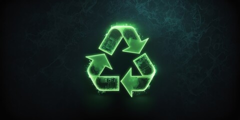 Green neon light recycle icon. Vibrant colored technology symbol, isolated on a black background